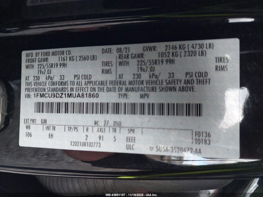 2021 Ford Escape Titanium Hybrid VIN: 1FMCU9DZ1MUA81860 Lot: 43691157