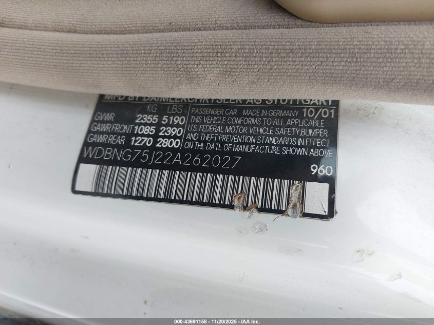 2002 Mercedes-Benz S 500 VIN: WDBNG75J22A262027 Lot: 43691158