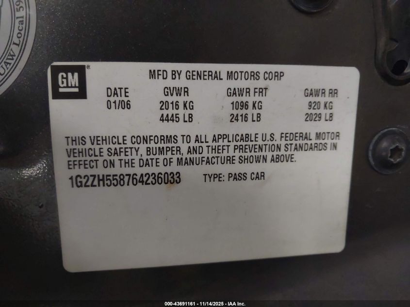 2006 Pontiac G6 Gt VIN: 1G2ZH558764236033 Lot: 43691161