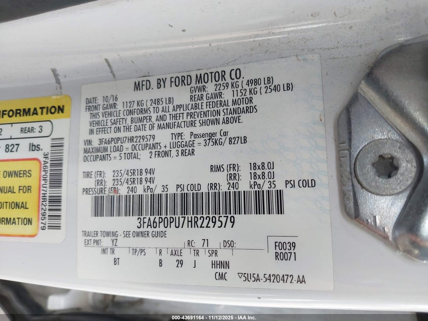 3FA6P0PU7HR229579 2017 FORD FUSION photo no. 9