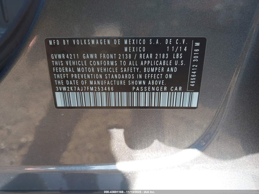 3VW2K7AJ7FM253466 2015 VOLKSWAGEN JETTA photo no. 9
