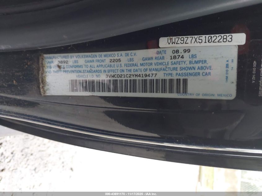 2000 Volkswagen New Beetle Gls 1.8L Turbo VIN: 3VWCD21C2YM419477 Lot: 43691170