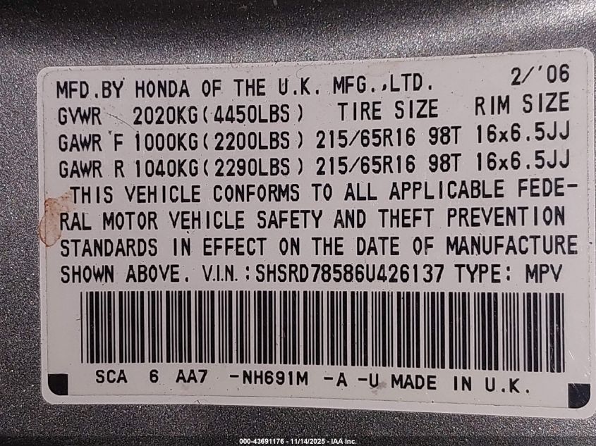 2006 Honda Cr-V Lx VIN: SHSRD78586U426137 Lot: 43691176