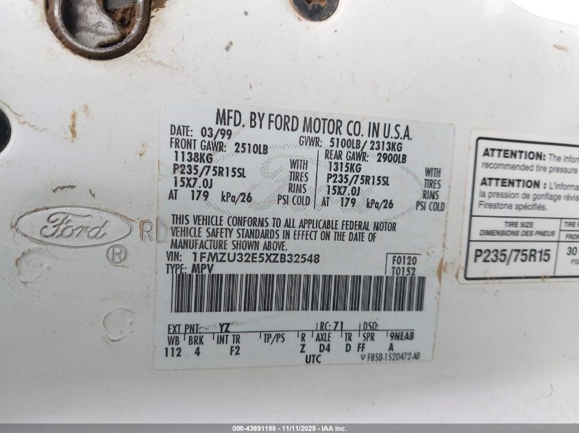 1999 Ford Explorer Eddie Bauer/Limited Edition/Xlt VIN: 1FMZU32E5XZB32548 Lot: 43691198