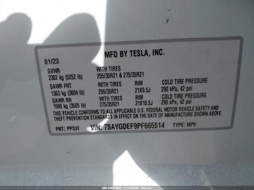 2023 Tesla Model Y Performance Dual Motor All-Wheel Drive VIN: 7SAYGDEF9PF665514 Lot: 43691209