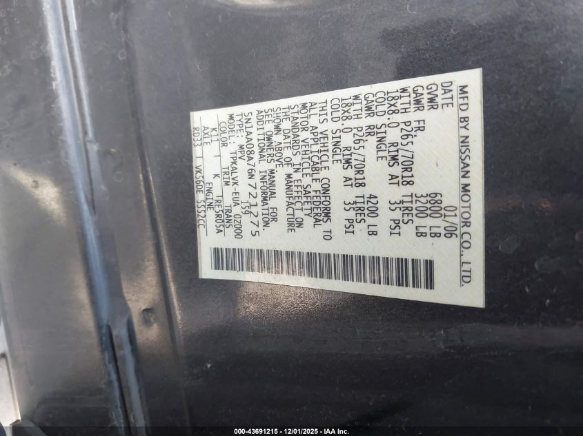 2006 Nissan Armada Le VIN: 5N1AA08A76N721275 Lot: 43691215