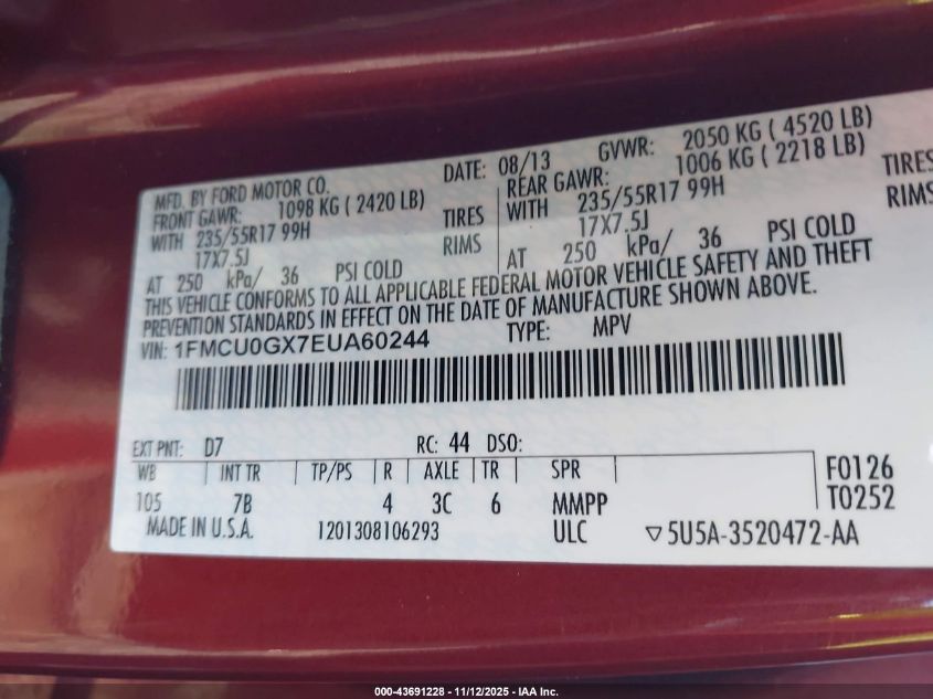 2014 Ford Escape Se VIN: 1FMCU0GX7EUA60244 Lot: 43691228