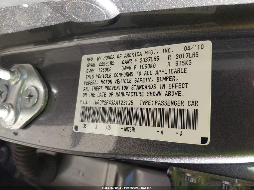 1HGCP2F43AA123125 2010 HONDA ACCORD photo no. 9