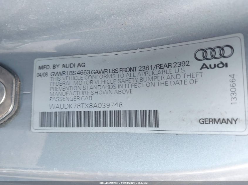2008 Audi A5 3.2L VIN: WAUDK78TX8A039748 Lot: 43691236