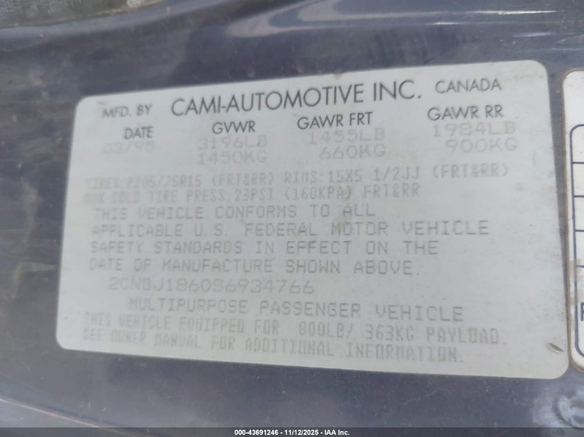 1995 Geo Tracker VIN: 2CNBJ1860S6934766 Lot: 43691246