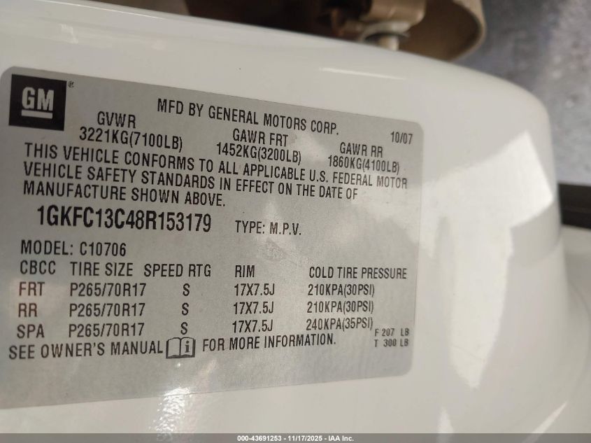 2008 GMC Yukon Sle VIN: 1GKFC13C48R153179 Lot: 43691253