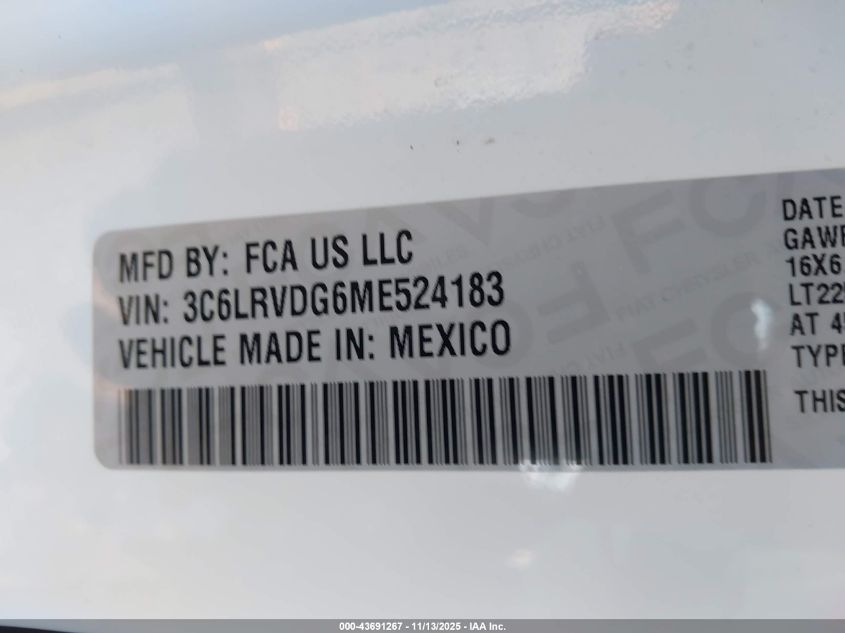 2021 Ram Promaster 2500 High Roof 159 Wb VIN: 3C6LRVDG6ME524183 Lot: 43691267
