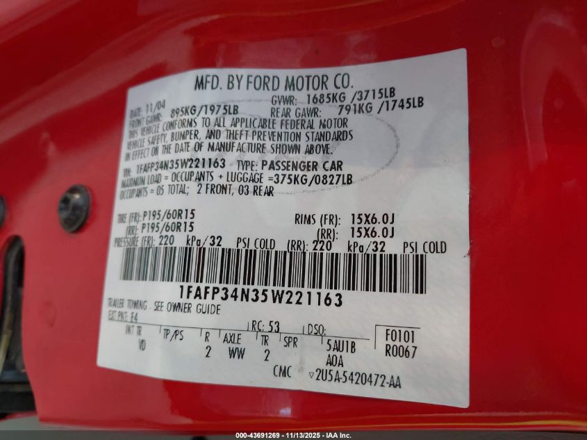 2005 Ford Focus Zx4 VIN: 1FAFP34N35W221163 Lot: 43691269