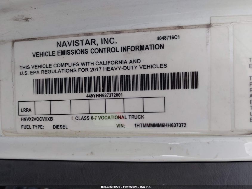 2017 International Durastar 4300 VIN: 1HTMMMMM6HH637372 Lot: 43691279