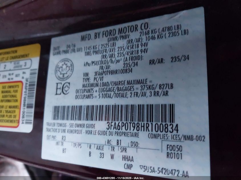 2017 Ford Fusion Se VIN: 3FA6P0T98HR100834 Lot: 43691295