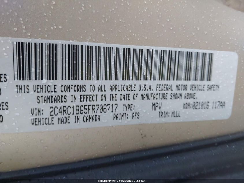 2015 Chrysler Town & Country Touring VIN: 2C4RC1BG5FR706717 Lot: 43691298