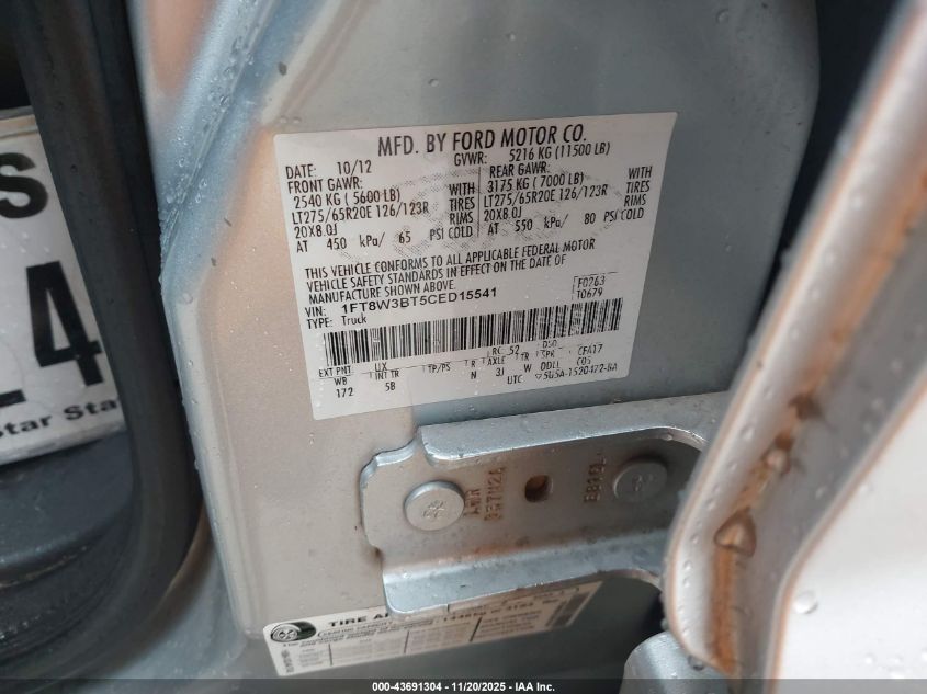 2012 Ford F-350 Lariat VIN: 1FT8W3BT5CED15541 Lot: 43691304