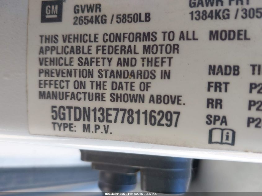 2007 Hummer H3 Suv VIN: 5GTDN13E778116297 Lot: 43691305