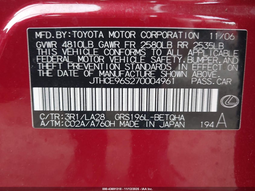 2007 Lexus Gs 350 VIN: JTHCE96S270004961 Lot: 43691318