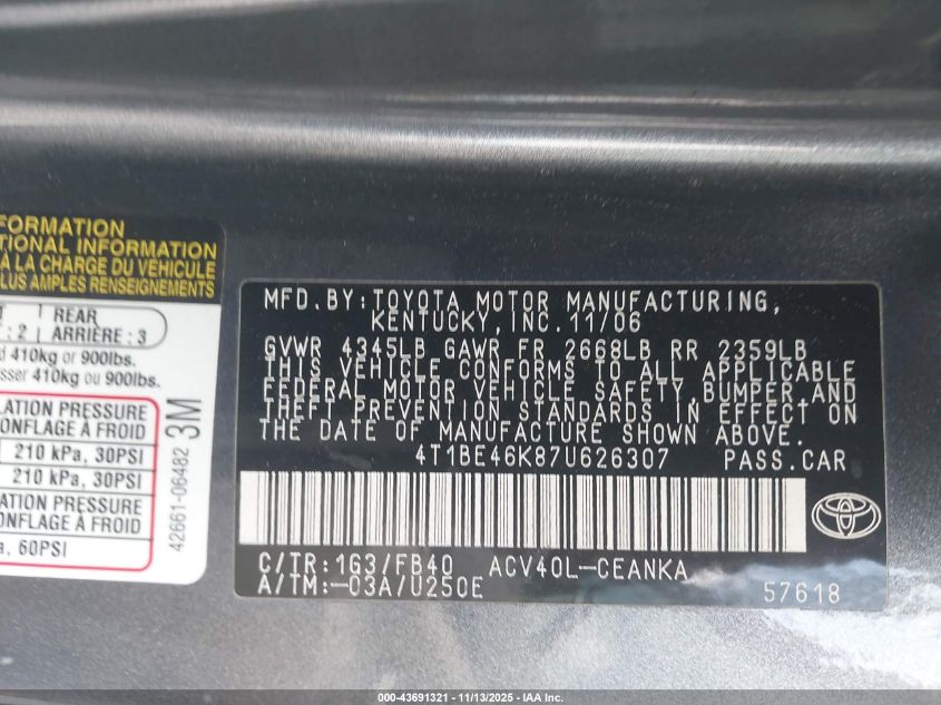 2007 Toyota Camry Le VIN: 4T1BE46K87U626307 Lot: 43691321