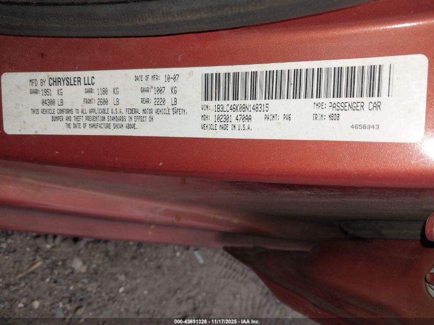 2008 Dodge Avenger Se VIN: 1B3LC46K08N148315 Lot: 43691326