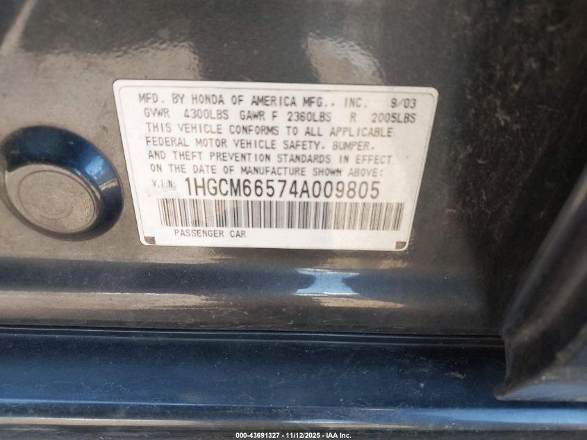 2004 Honda Accord 3.0 Ex VIN: 1HGCM66574A009805 Lot: 43691327