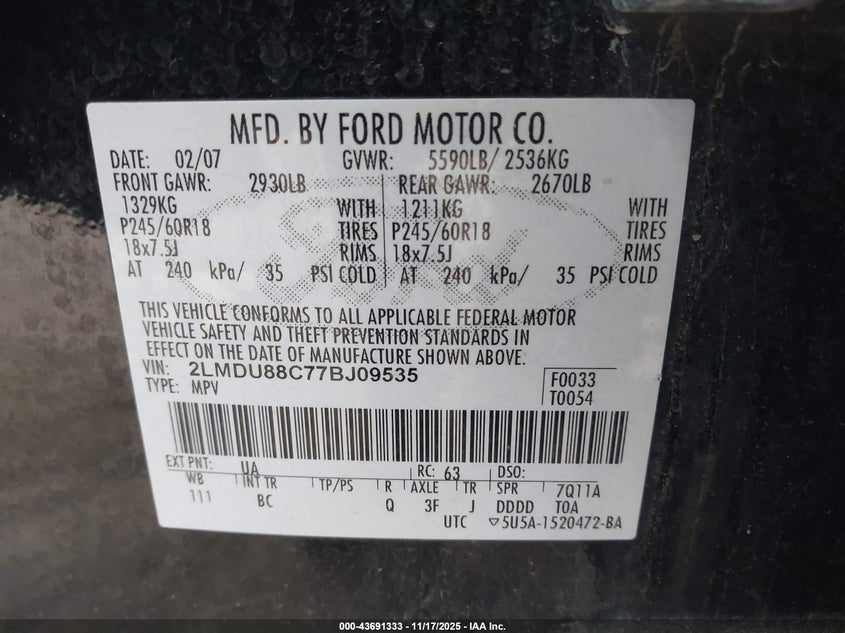 2007 Lincoln Mkx VIN: 2LMDU88C77BJ09535 Lot: 43691333