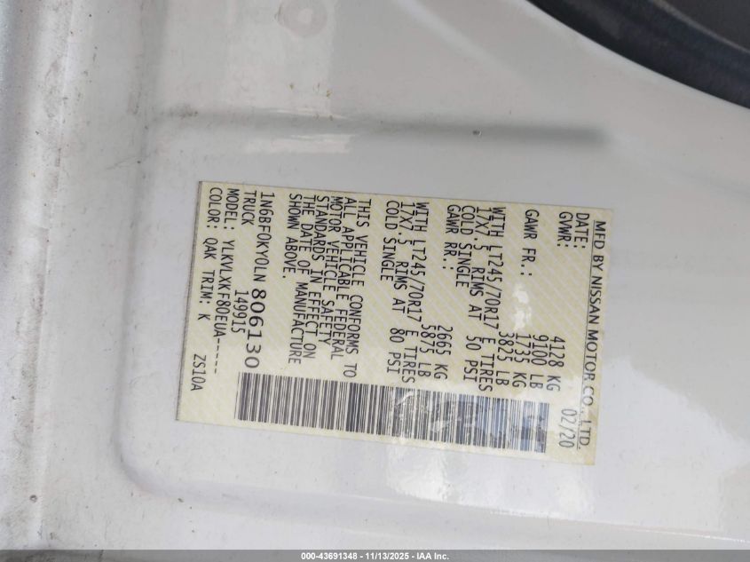 2020 Nissan Nv Cargo Nv2500 Hd Sv Standard Roof V6 VIN: 1N6BF0KY0LN806130 Lot: 43691348