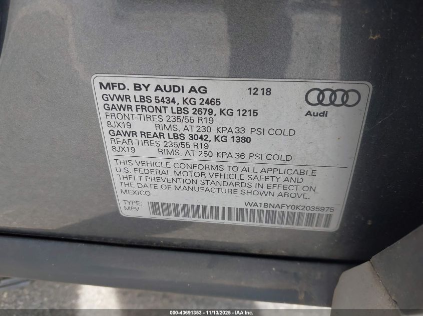 2019 Audi Q5 45 Premium VIN: WA1BNAFY0K2035975 Lot: 43691353