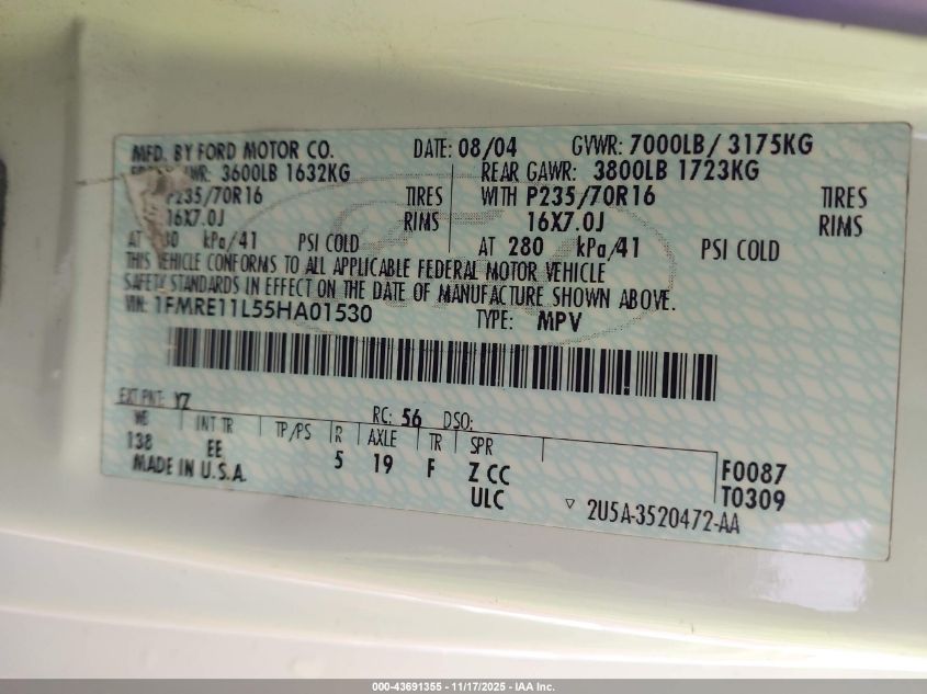 2005 Ford E-150 Chateau/Xl/Xlt VIN: 1FMRE11L55HA01530 Lot: 43691355