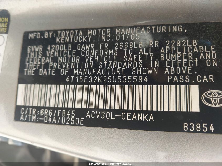 2005 Toyota Camry Le VIN: 4T1BE32K25U535594 Lot: 43691363