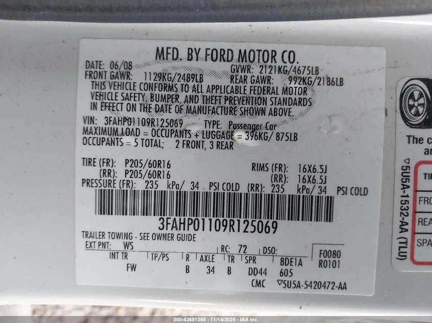 2009 Ford Fusion Se VIN: 3FAHP01109R125069 Lot: 43691368