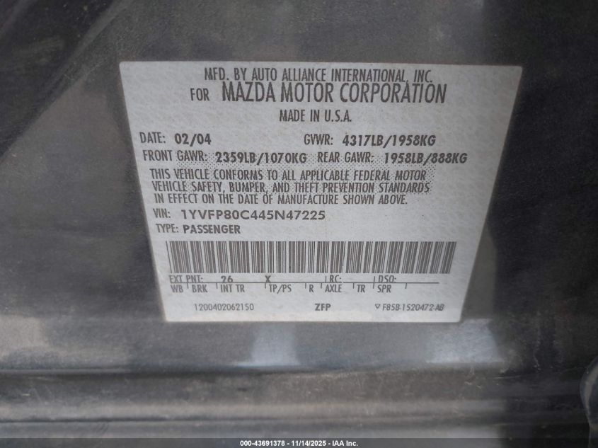 2004 Mazda Mazda6 I VIN: 1YVFP80C445N47225 Lot: 43691378