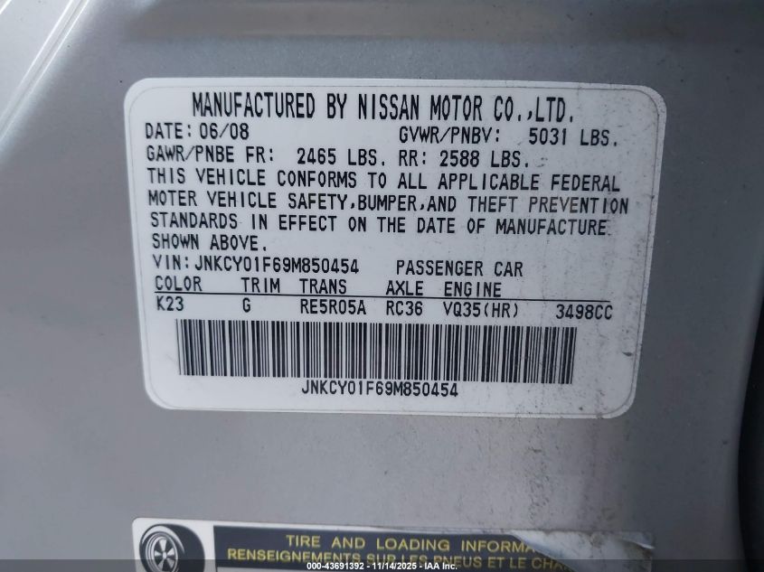 2009 Infiniti M35X VIN: JNKCY01F69M850454 Lot: 43691392