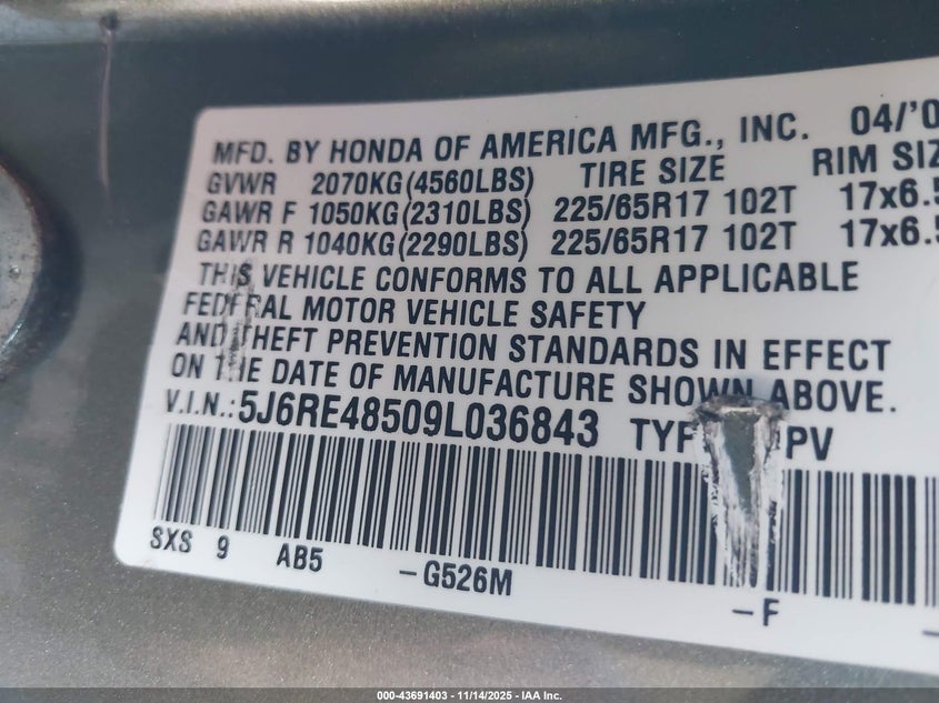 2009 Honda Cr-V Ex VIN: 5J6RE48509L036843 Lot: 43691403