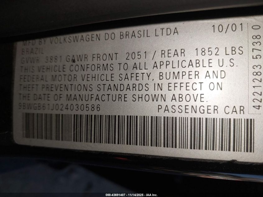2002 Volkswagen Golf Gls 2.0L VIN: 9BWGB61J024030586 Lot: 43691407