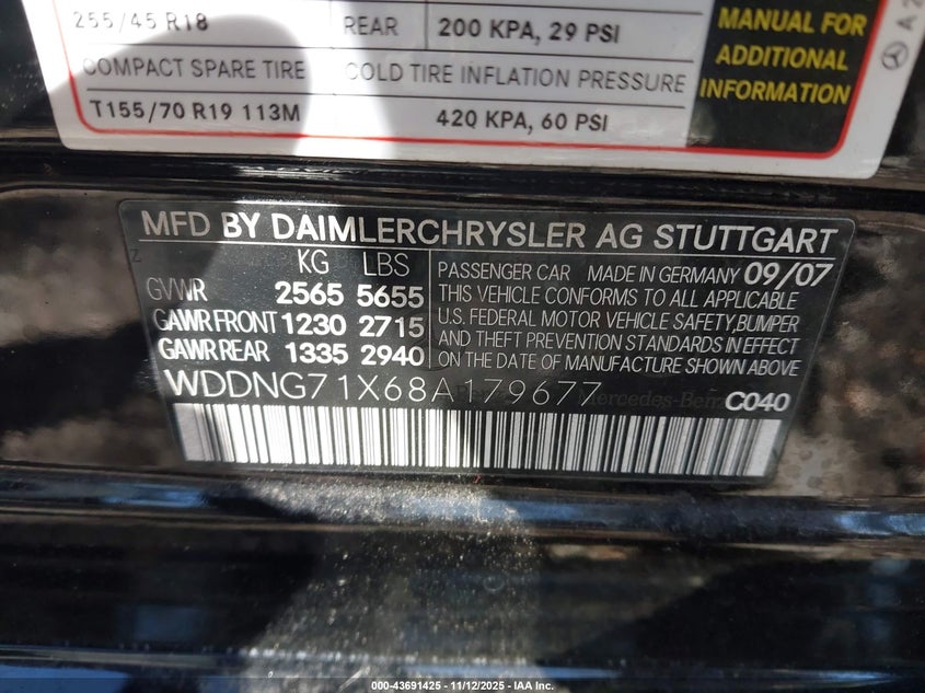 2008 Mercedes-Benz S 550 VIN: WDDNG71X68A179677 Lot: 43691425