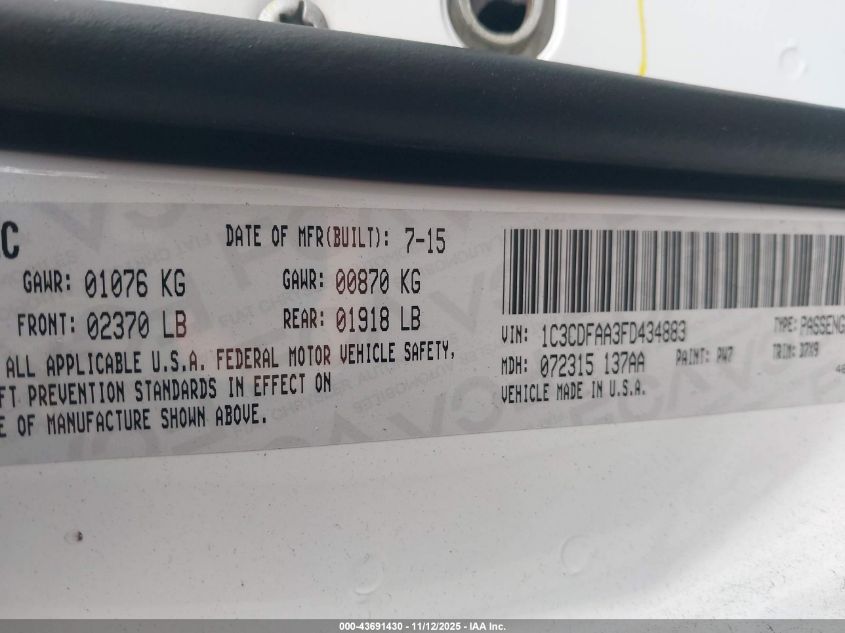 2015 Dodge Dart Se VIN: 1C3CDFAA3FD434883 Lot: 43691430