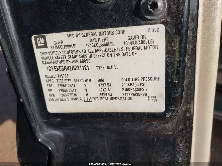 2002 Cadillac Escalade Standard VIN: 1GYEK63N42R221121 Lot: 43691439