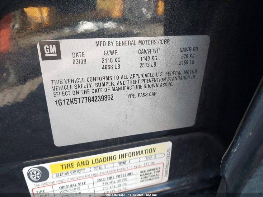 2008 Chevrolet Malibu Ltz VIN: 1G1ZK577784239852 Lot: 43691458