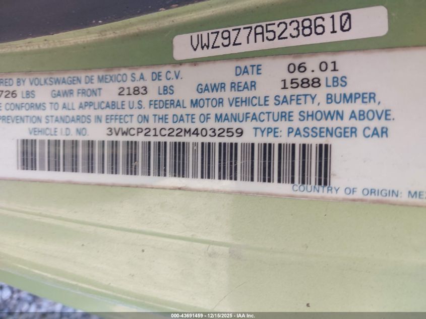 2002 Volkswagen New Beetle Gls Tdi VIN: 3VWCP21C22M403259 Lot: 43691459