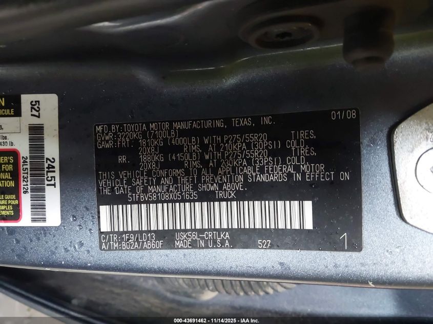 2008 Toyota Tundra Limited 5.7L V8 VIN: 5TFBV58108X051635 Lot: 43691462