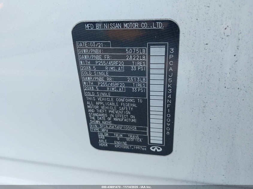 2022 Infiniti Qx55 Essential Awd VIN: 3PCAJ5K34NF100908 Lot: 43691470