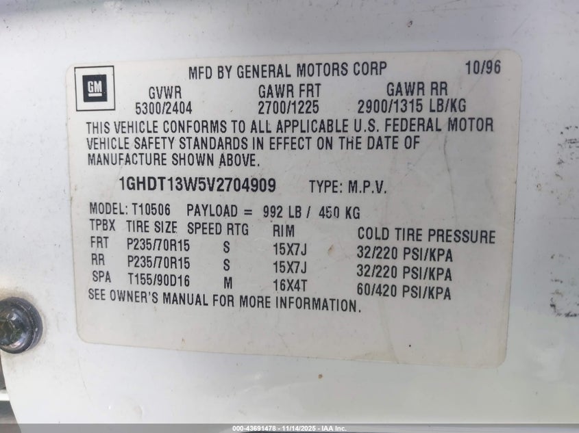 1GHDT13W5V2704909 1997 OLDSMOBILE BRAVADA photo no. 9