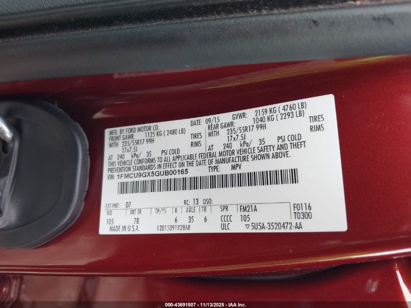 2016 Ford Escape Se VIN: 1FMCU9GX5GUB00165 Lot: 43691507