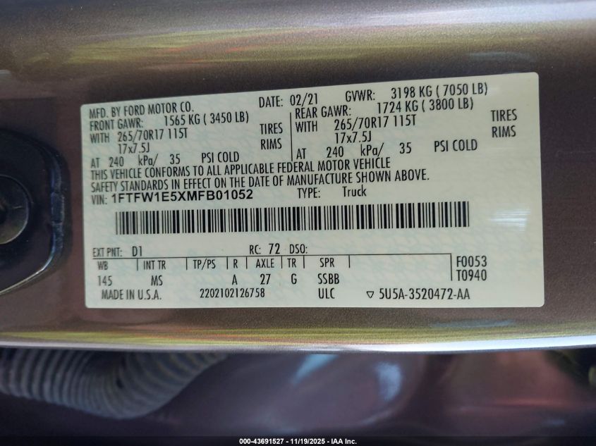 2021 Ford F150 Supercrew VIN: 1FTFW1E5XMFB01052 Lot: 43691527