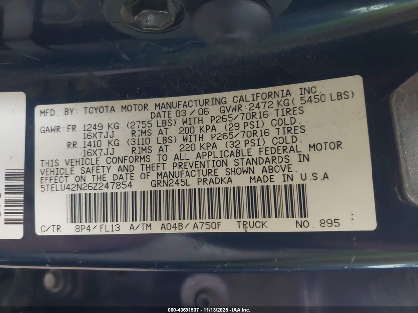 5TELU42N26Z247854 2006 TOYOTA TACOMA photo no. 9