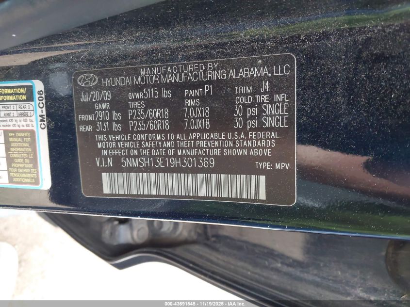 2009 Hyundai Santa Fe Se VIN: 5NMSH13E19H301369 Lot: 43691545