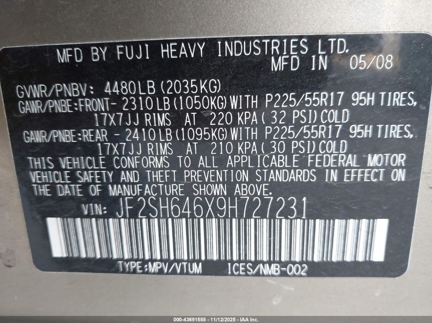 2009 Subaru Forester 2.5X Limited VIN: JF2SH646X9H727231 Lot: 43691558