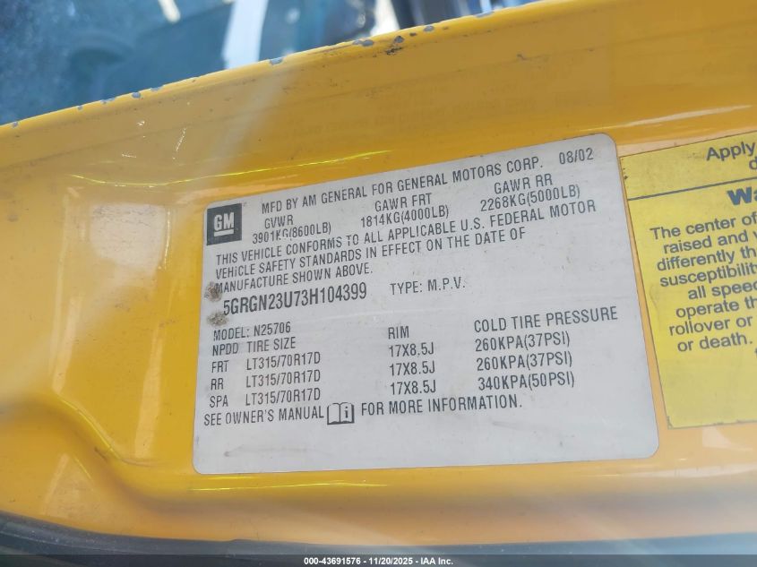 2003 Hummer H2 VIN: 5GRGN23U73H104399 Lot: 43691576